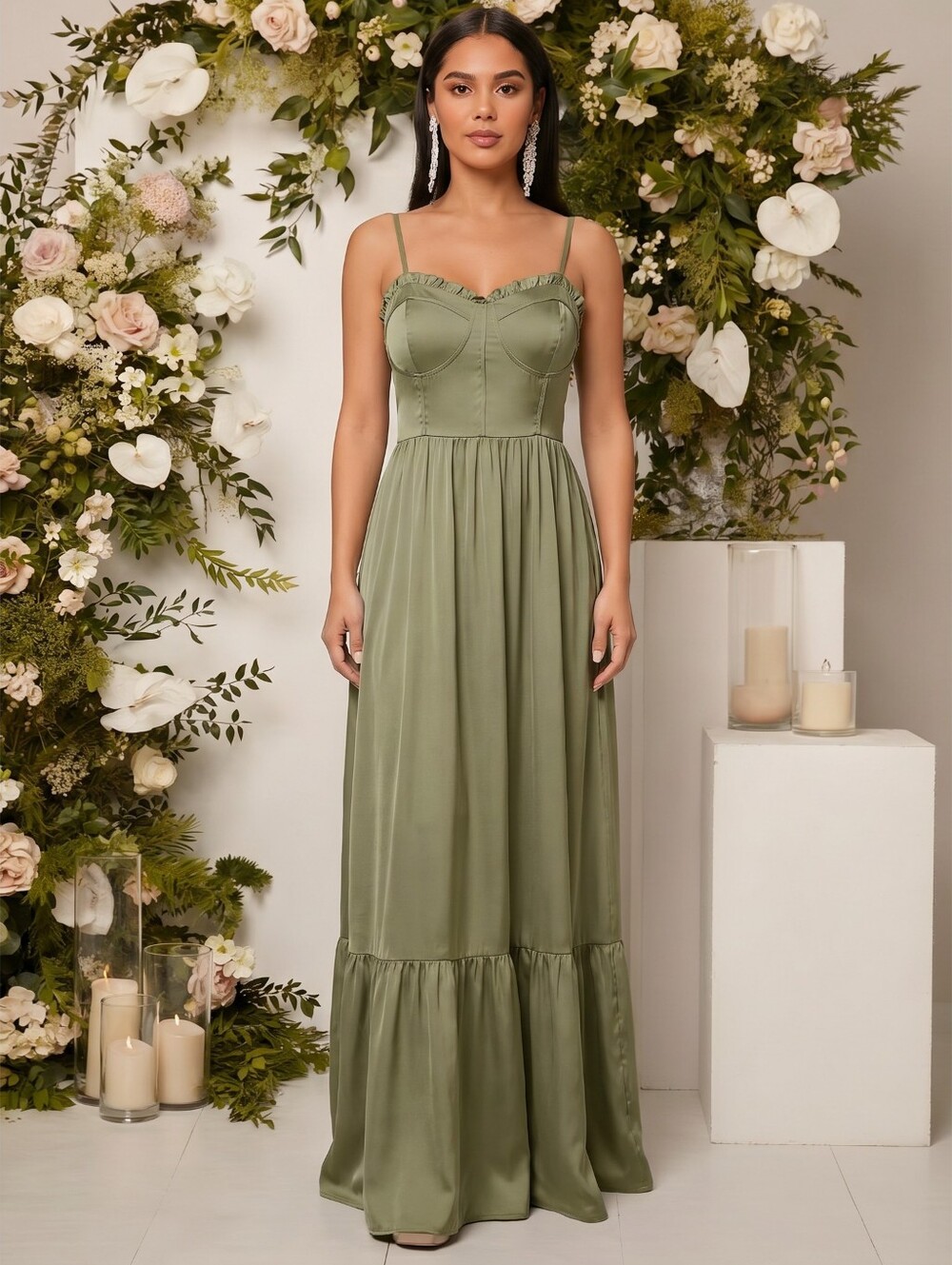 Revelry Womens Valentina Green Satin Bridesmaid Maxi Dress Removable Straps. 4